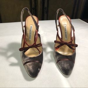 Manolo Blahnik Velvet Slingback Pumps.